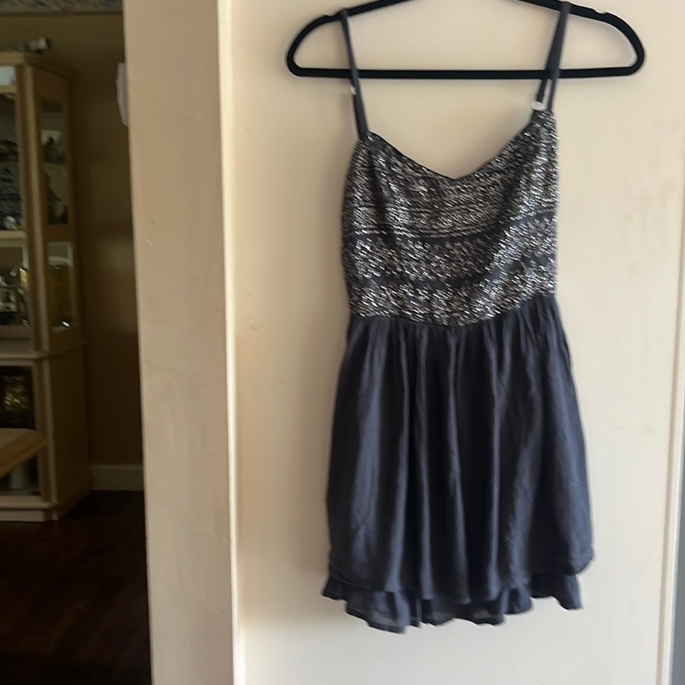 Charcoal grey long flowy top with sequence